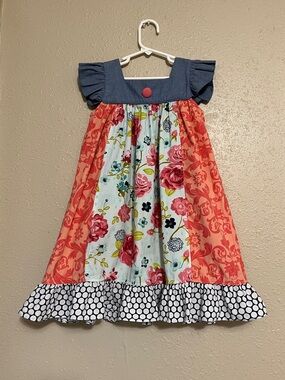 SAGE & LILLY Girls Coral & Navy Floral Patchwork Dress Sz 6